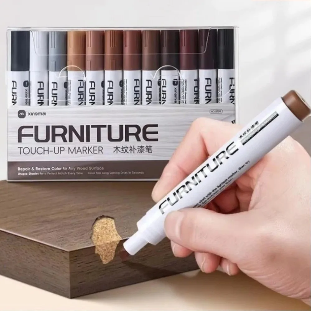 12pcs/set Waterproof Wood Furniture Repair Pen Scratches Chips Smooth Wood Grain Touch-Up Pen Exposed White Edge Color Touch-Up