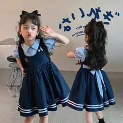 Preppy Style Fake Two  LapelsPuffy SleevesBow Stripes Girl Princess Dress  Girls Clothes 2T-7T Year Kids Wear  Summer Dress