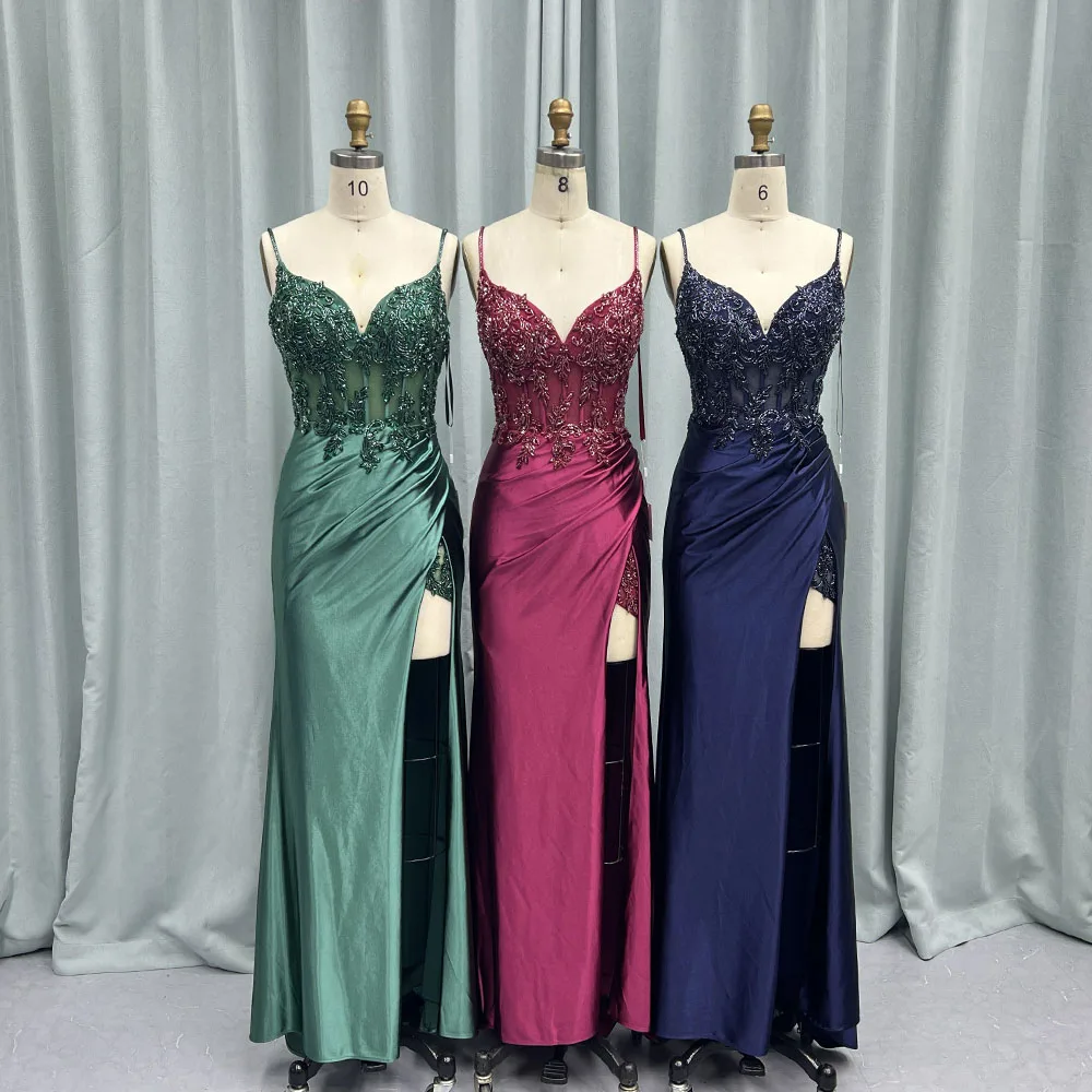 YQLNNE Navy Blue Satin Long Prom Dresses Spaghetti Straps Beading Red Carpet Gown Vestidos de Gala