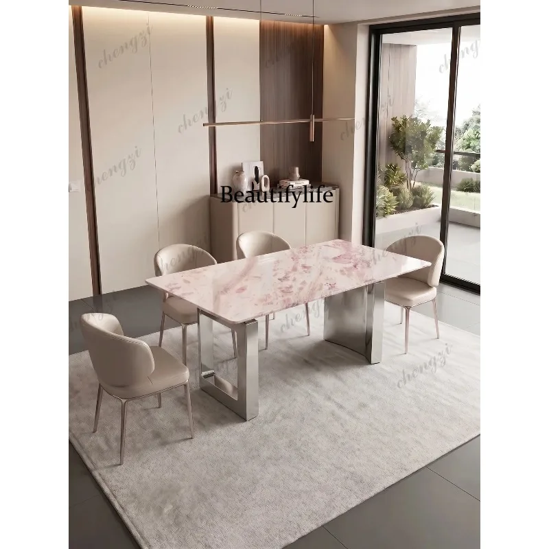 K153 Pink diamond luxury stone dining table, living room villa rose rainbow natural marble long dining table