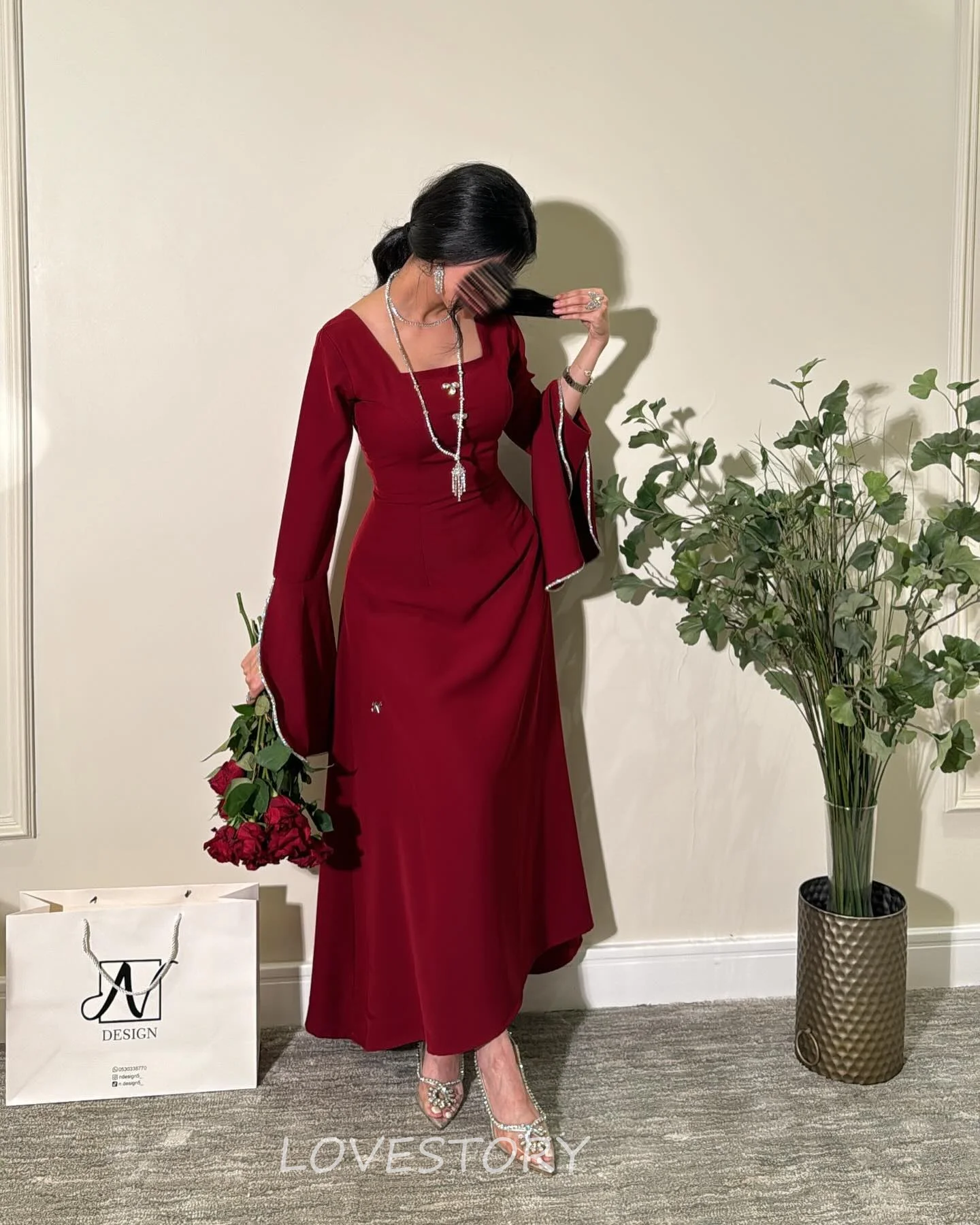 

Lovestory Burgundy Formal Prom Dresses Square Neck Ankle Length Evening Party Gowns Simple Bridesmaid Dress Custom Made