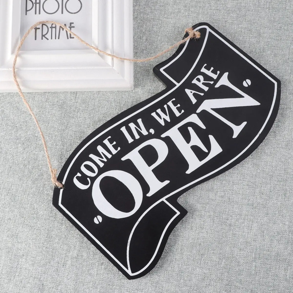 Two Sided Wooden Door Sign Vintage Design Clean Bold Text Come in We're Open Reverse Braided Rope Hanger Shop