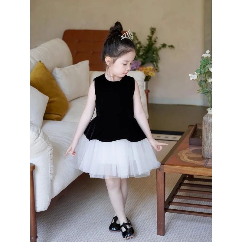 Girls Black White Sleeveless Princess Dress New Ballet Style Birthday Party Sweet Cute Costume Children Casual Outfits Dresses