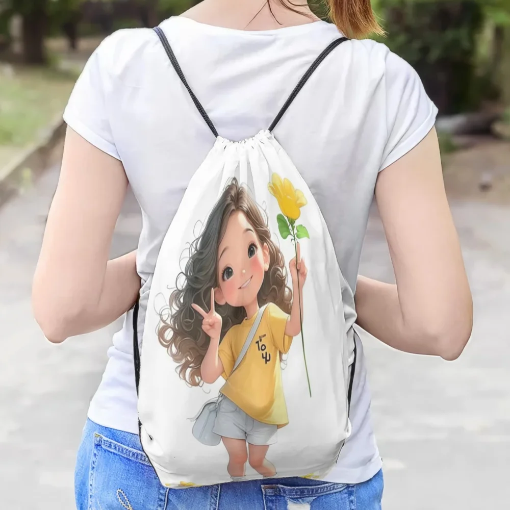 Custom Name Cute Girl Print Drawstring Backpack 3 Sizes Portable Sports Bag for Gym Yoga Travel Party Gift