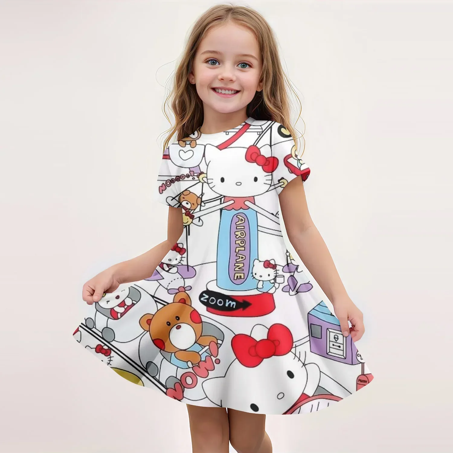 

MINISO New Summer Girls Dress Fashion Cartoon Cute Cinnamoroll &Hello Kitty 3D Printing Dress Kid Short Sleeve Princess Clothing