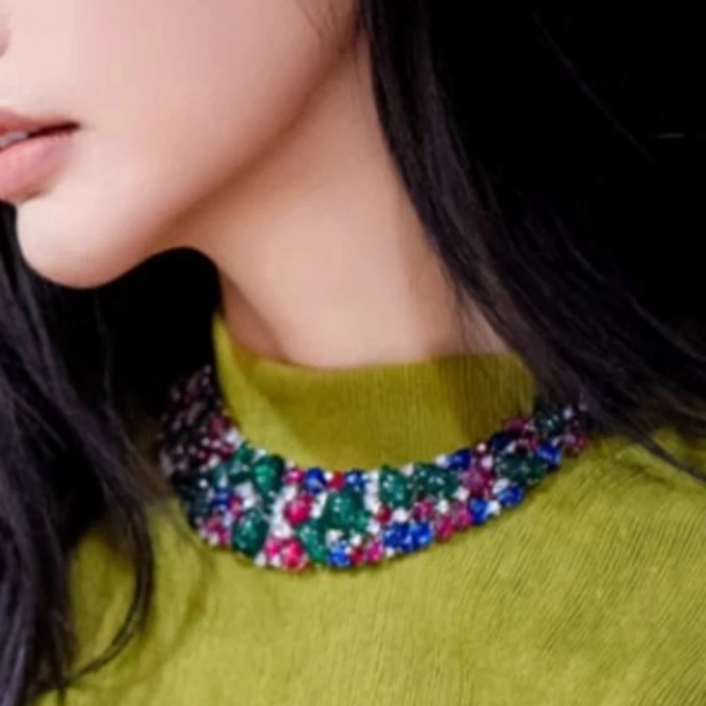 KQDANCE  Luxury Wide Solid 925 Silver Carbon Diamond Carving Red Green Blue Gemstone Leaf Colorful Fruit Necklaces Fine Jewelry