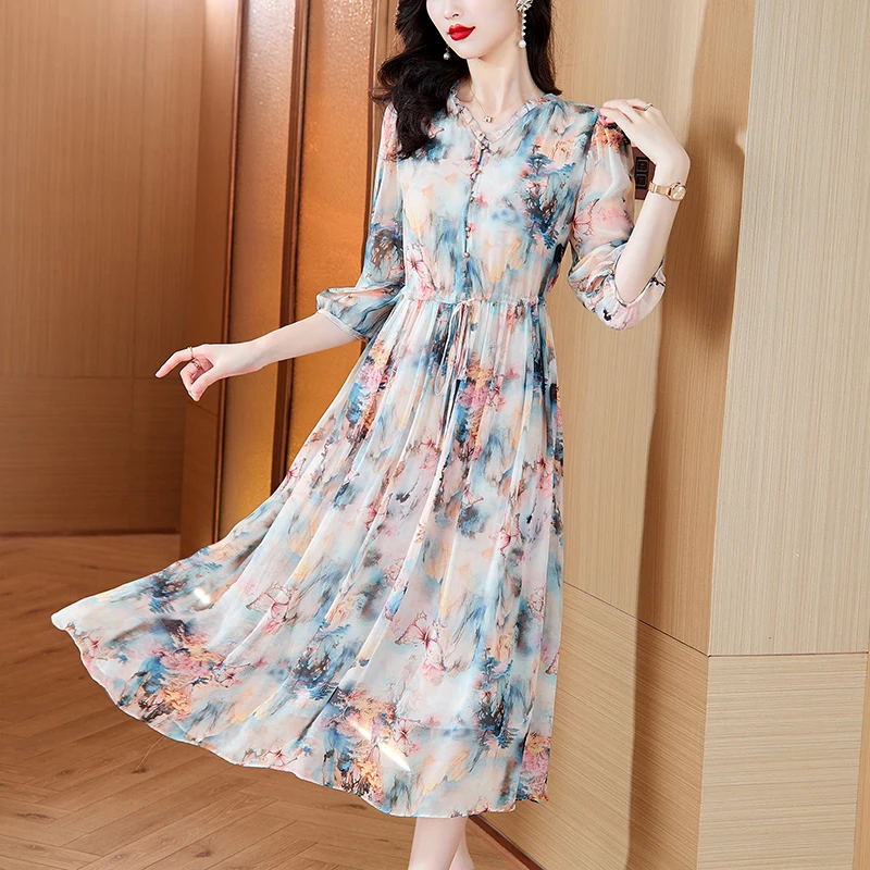 2025 wiosenna plaża kwiatowy jedwabna sukienka Midi kobiety w stylu Vintage moda Boho lekka sukienka na co dzień koreański elegancki luksusowy festiwal Vestidos