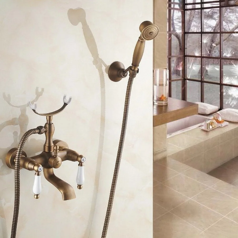 Antique Brass Dual Ceramic Handles Wall Mount Bathtub Faucet with Handshower Bathroom Tub Mixer Taps Btf157