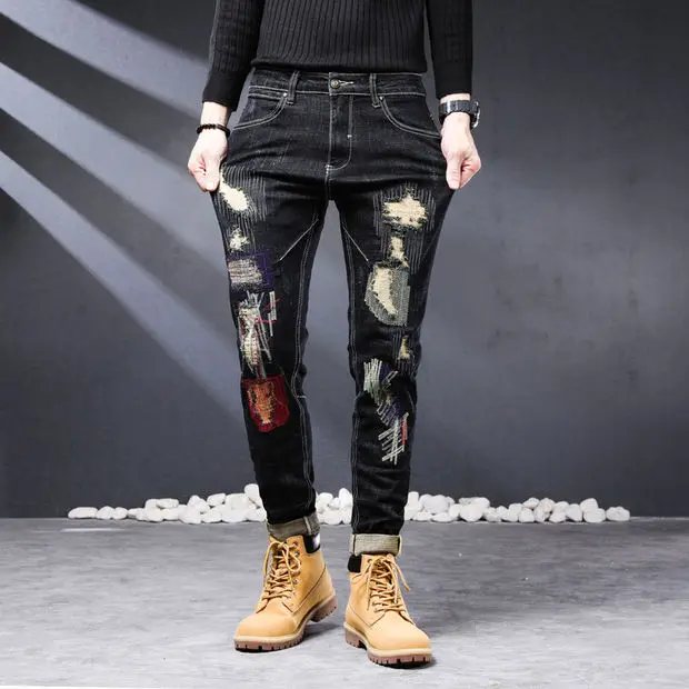 High-quality retro ripped jeans men's tide brand personality scratched patch elastic slim straight pants men's 2022 models jeans