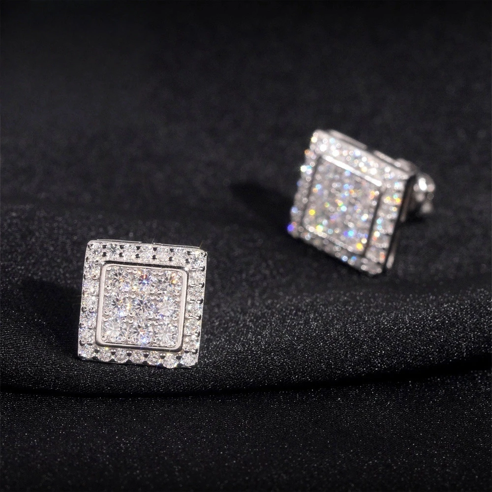 925 Sterling Silver  VVS1 D Color Moissanite  Square Stud Earrings for Men Women Screw Ear Stud Fine Jewelry Diamonds Pass Test