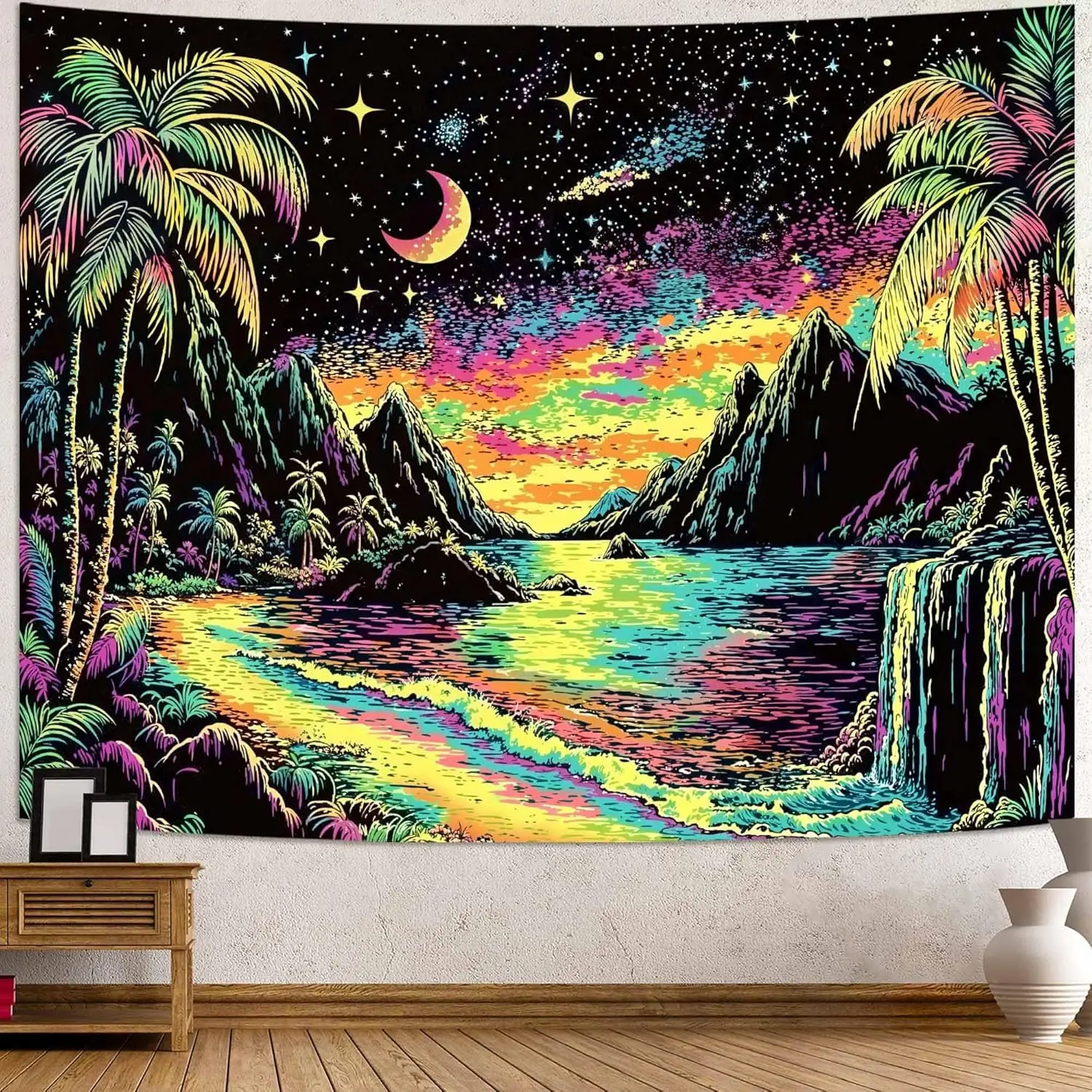 Blacklight Landscape Tapestry, Glow in the dark UV Reactive Beach Lake Wall Decor, Aesthetic Palm Tree Art for Bedroom Living