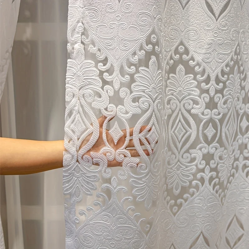 1pc White Hollow Embossed Sheer Curtains, European Court Pattern Light Filtering, Modern Luxury Drapes for Living Room Bedroom