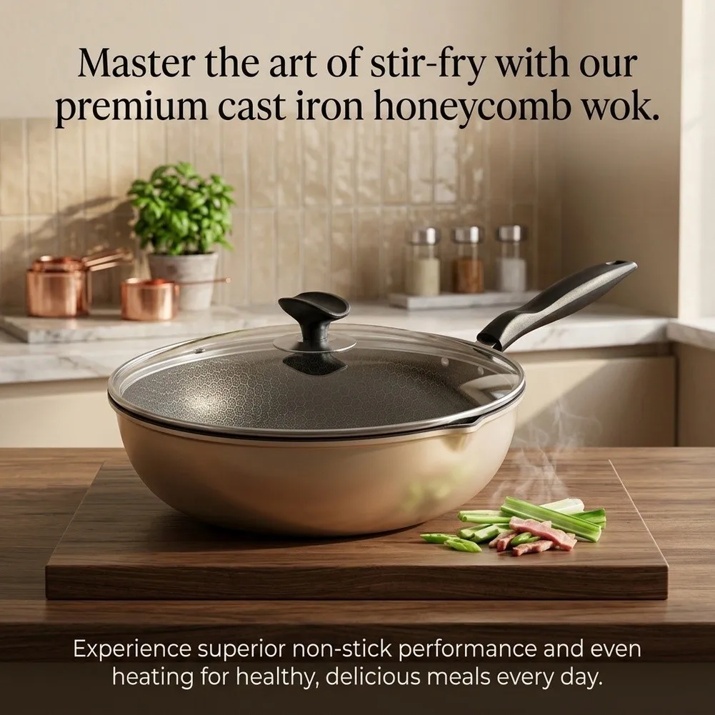 for Flat Bottom Cast Iron Wok for Consistent Contact on Cooktops Supports High Heat Stir Frying Without Warping or Instability
