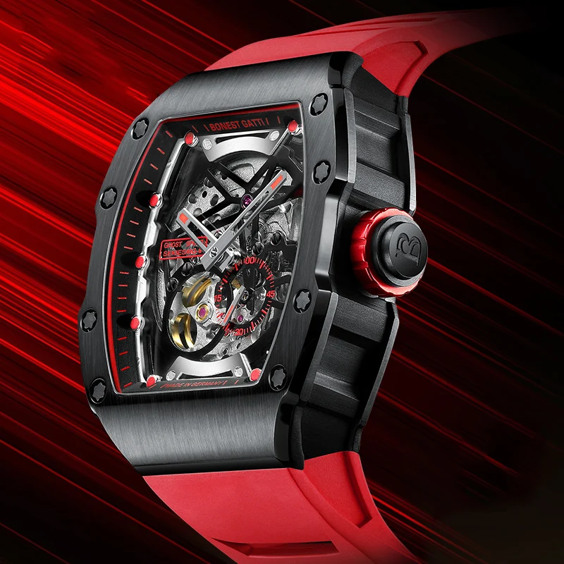 BONEST GATTI Men's Automatic Mechanical Watch German Craftsmanship Skeleton Tonneau Design with Luminous Function Luxury Mechani