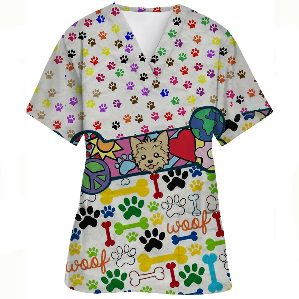 Women's Scrub Top Cute Cat Cartoon Print V-Neck Durable Stretchy Microballistic Perfect For Summers Nursing Uniforms Women Top