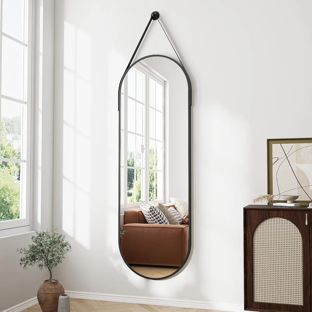 

Full Length Mirror, Oval Wall Mounted Mirror,48"x16"with Hanging Leather Strap,with Aluminum Frame for Bathroom Entryway (Black)