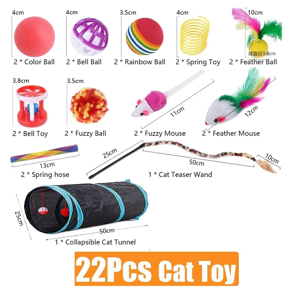 22 Pcs Cat Toys Interactive for Indoor Cats Tunnel Mouse Kitten Toys Cat Feather Teaser Wand Spring Toy