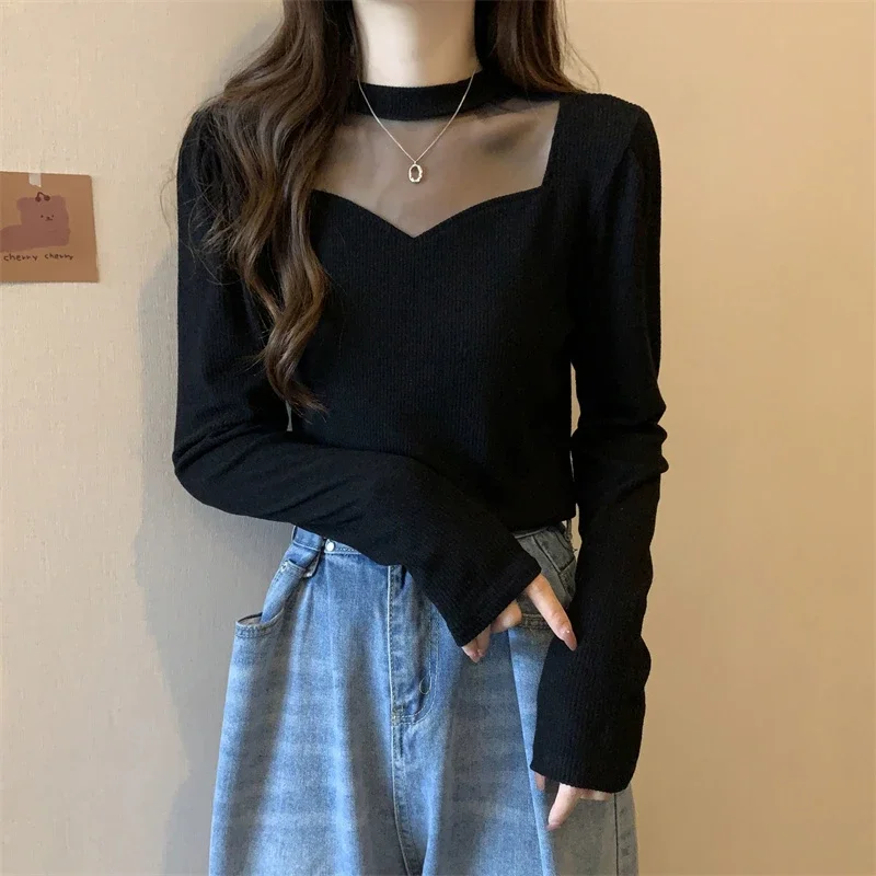French Plus Size Women Mesh Splice Long Sleeve Top Heart Neck Ribbed Slim Inner Blouse