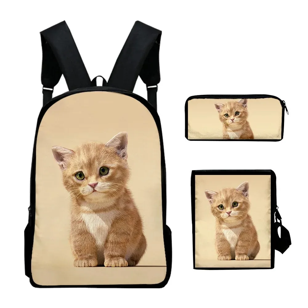 3D Cat Print School Bags, Harajuku, Aluno, Mochila Laptop, Mochila, Bolsa de Ombro Inclinada, Estojo Lápis, Popular, 3pcs por