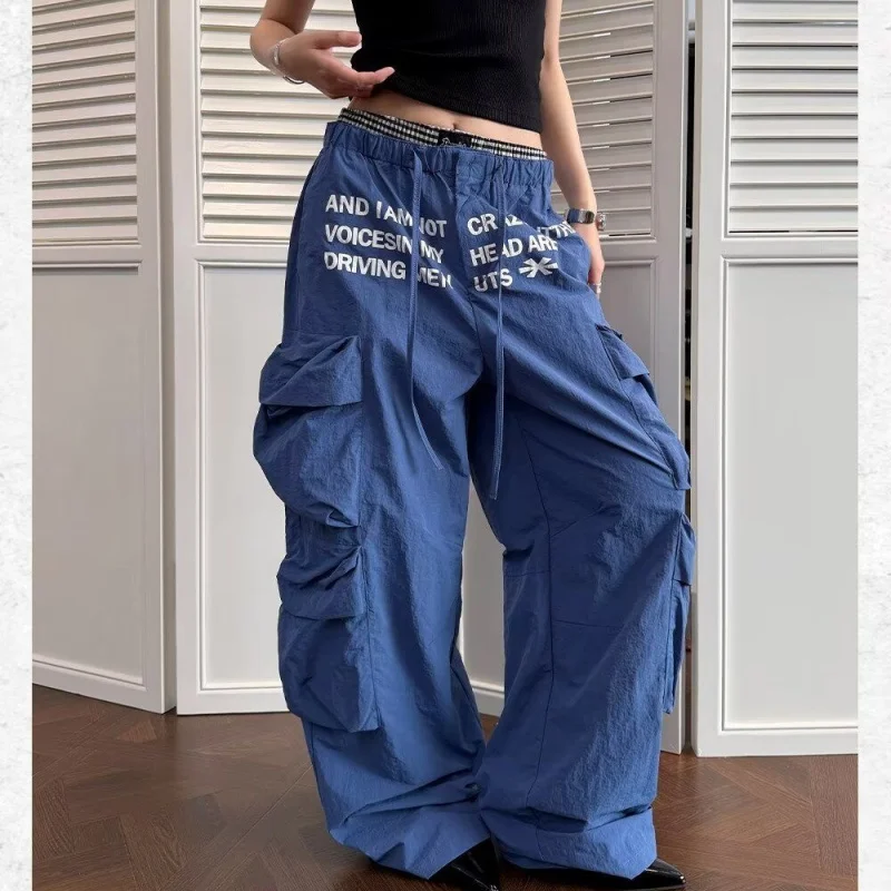 Women American Style Multi Pocket Cargo Pants Blue Letter Print Trousers Lady Wide Leg Loose Fit Trendy Casual Street Trousers