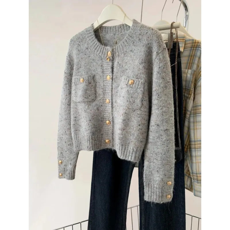 Korea Gold Buttons Grey Women Knit Cardigan Simple O-Neck Long Sleeve Sweater Coat Autumn Winter Office Lady Elegant Knitwear