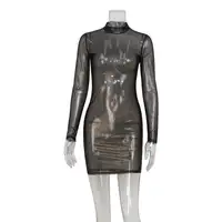 Mesh Dresses For Women Fashion Sexy Clubwear Long Sleeves Turtleneck Skinny See Through Hip Wrap Mini Vestidos Robes Female Fit - Image 4