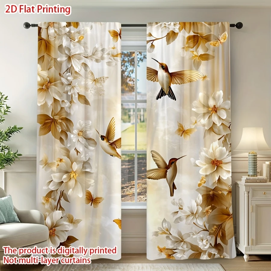 2PCS Digital Printed Curtains, Bee Whisper Flower Border Pattern, Stylish Window Treatment for Living Room Bedroom Decor