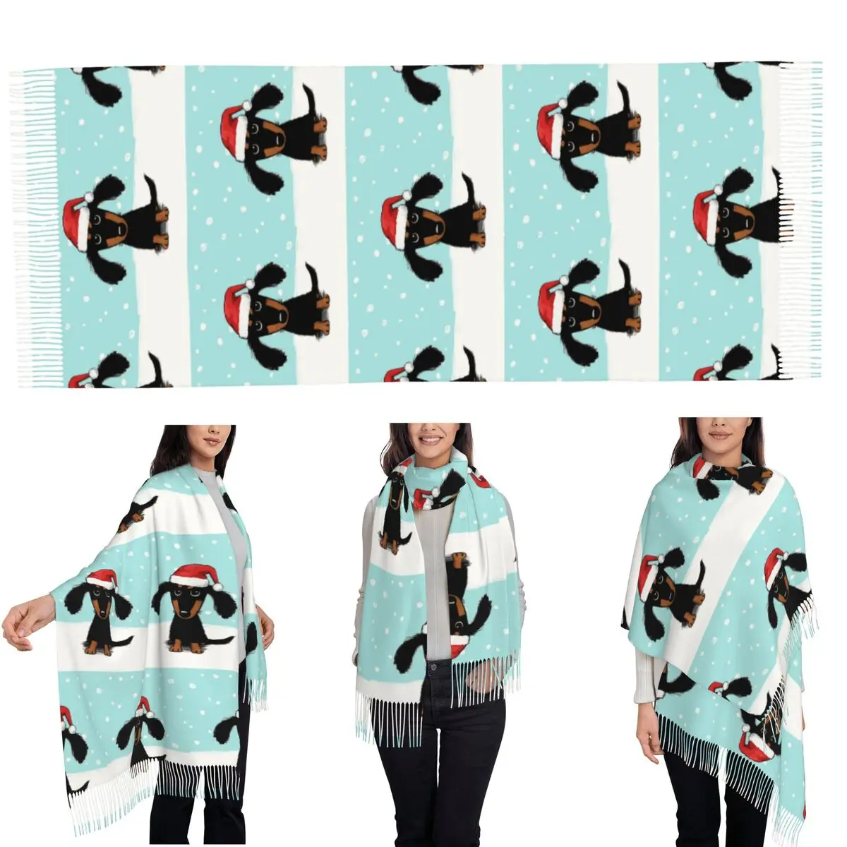 Cute Dachshund Christmas Winter Wiener Dog Santa Scarf Tassel Scarves Women Soft Warm Shawls and Large Fall Winter Shawl Wraps