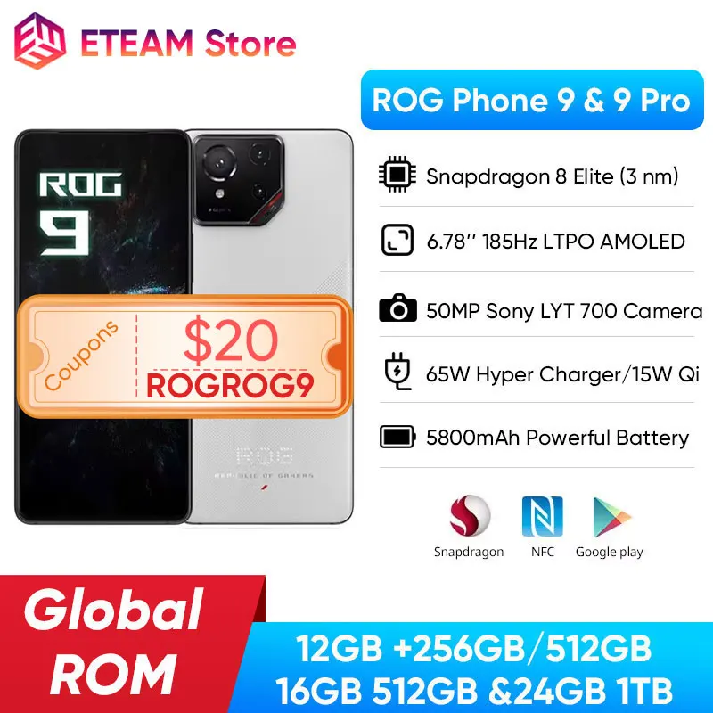 2024 ASUS ROG Phone 9 & 9 Pro 5G Gaming Phone Snapdragon 8 Elite 6.78 ''185Hz E-Sport Display 50MP LYT 700 Fotocamera 5800mAh ﻿