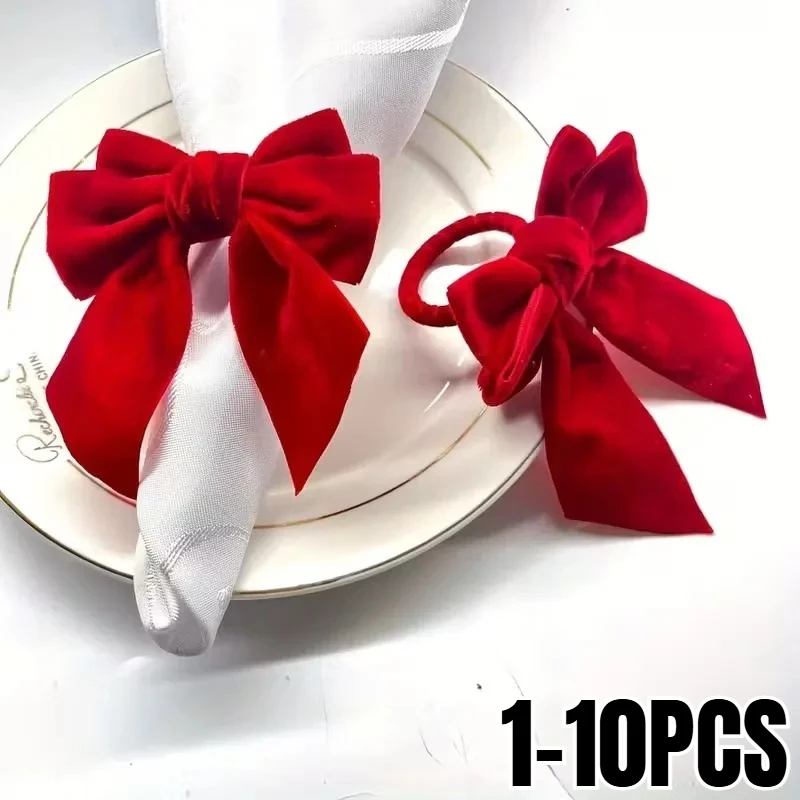 1-10PCS Red Green Velvet Bow Napkin Holders Festive Christmas Table Decor Elegant Dinner Party Holiday Gathering Centerpiece