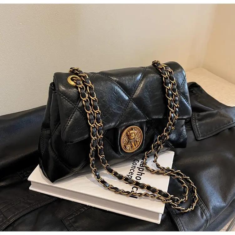 2025 Retro Rhombus Chain Messenger Bag - Women's High-End Double-Layer PU Leather Shoulder Bag with Versatile Square Design