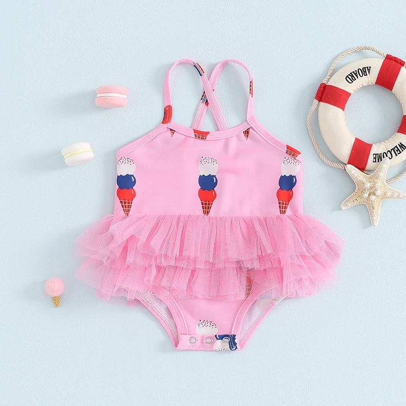 New Toddler Baby Girls Swimsuit Ice Cream Print Ruffles Mesh Tulle Beachwear Sleeveless Cross Backless Summer Beach Bathing Suit