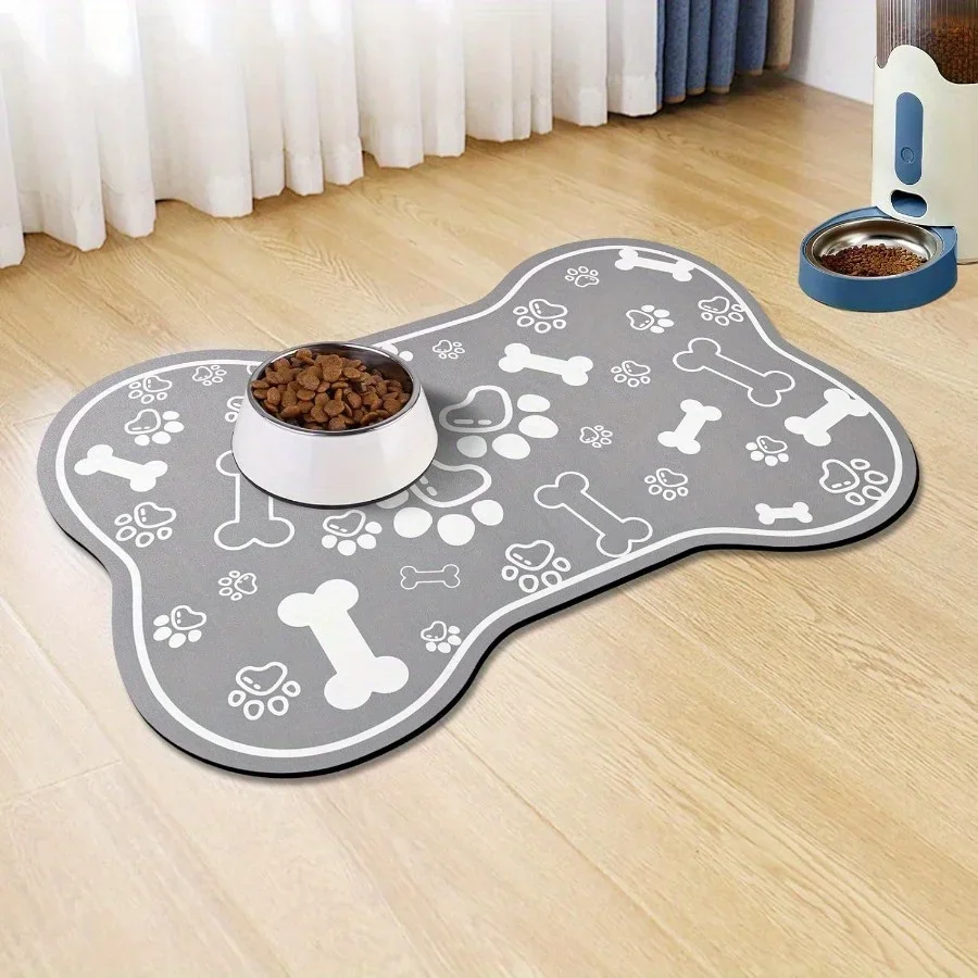 Bone-Shaped Quick-Dry Pet Feeding Mat with Non-Slip Rubber Backing - Stain-Resistant Diatom Mud Dog & Cat Bowl Placemat