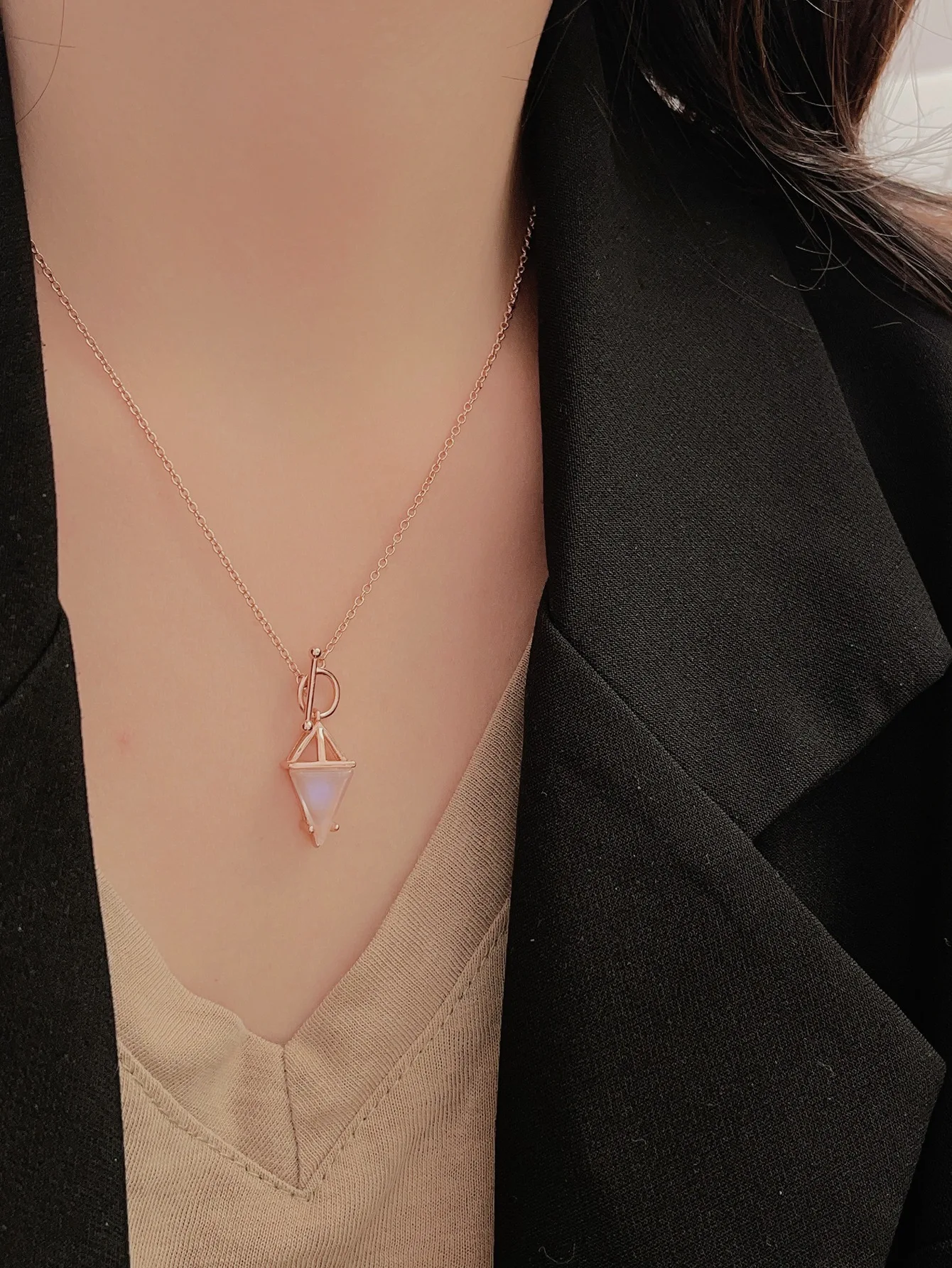 Necklace Made of Pure 925 Silver and Moon Stone with Triangle-shape Pendant for Cool Style,3 Color Options