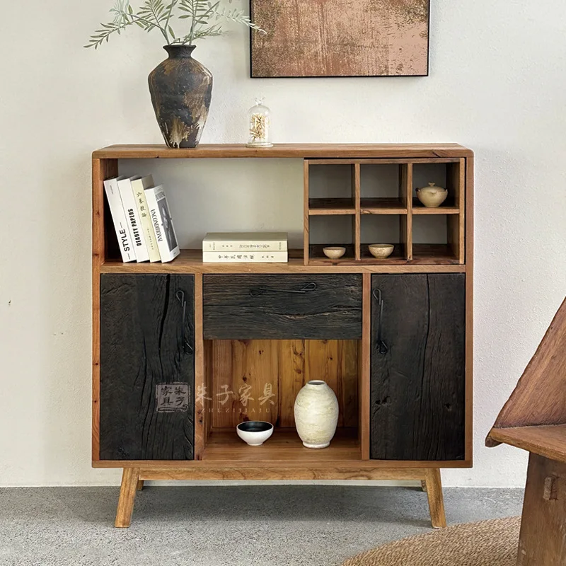 Customized wabi-sandy wind solid wood contrasting color dining side cabinet cabinet homestay simple storage storage cabinet old