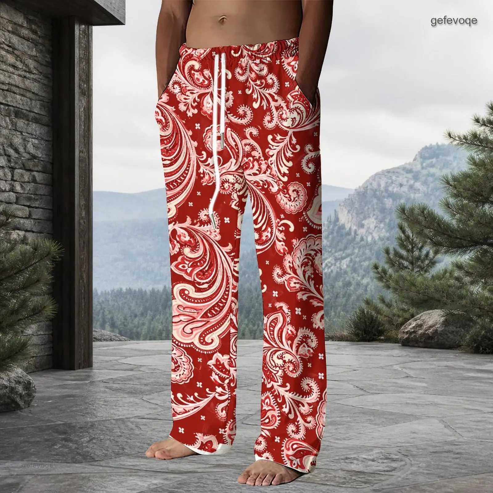 Men Red Paisley Printed Drawstring Waist Full Length Straight Leg Pants