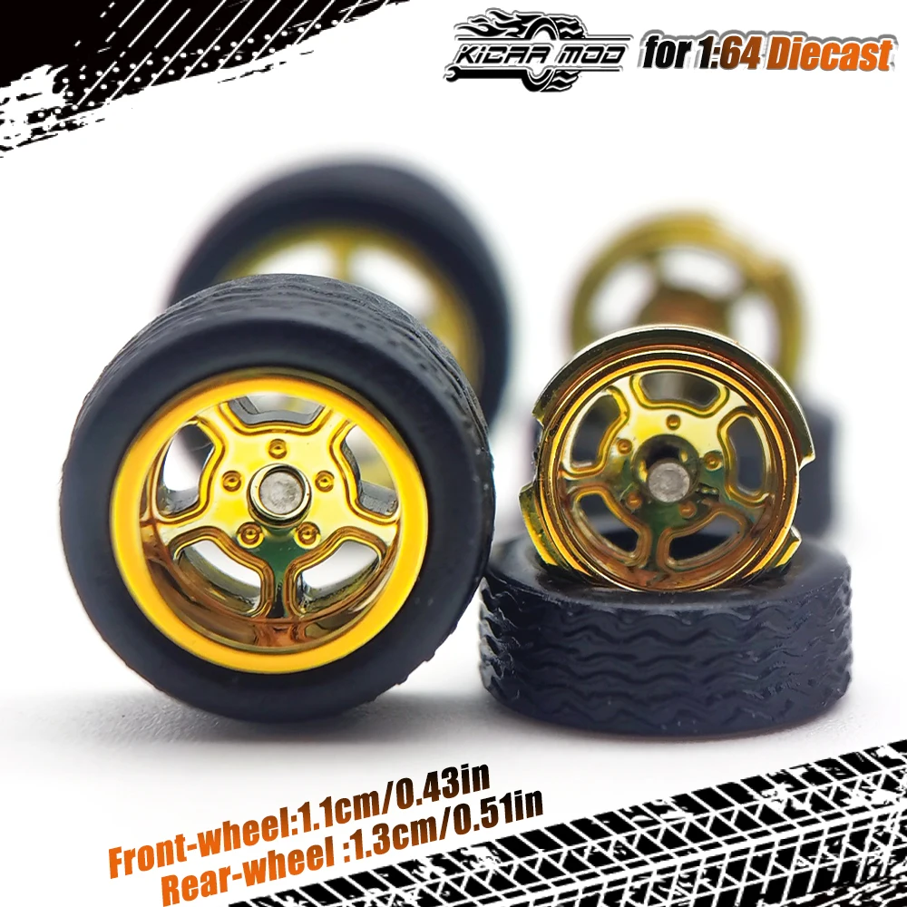 1/64 Model Car Wheels with Rubber Detachable Tires Five Spoke 2 Refitting Parts for Hot Wheels Matchbox D:11mm+13mm 1 Set