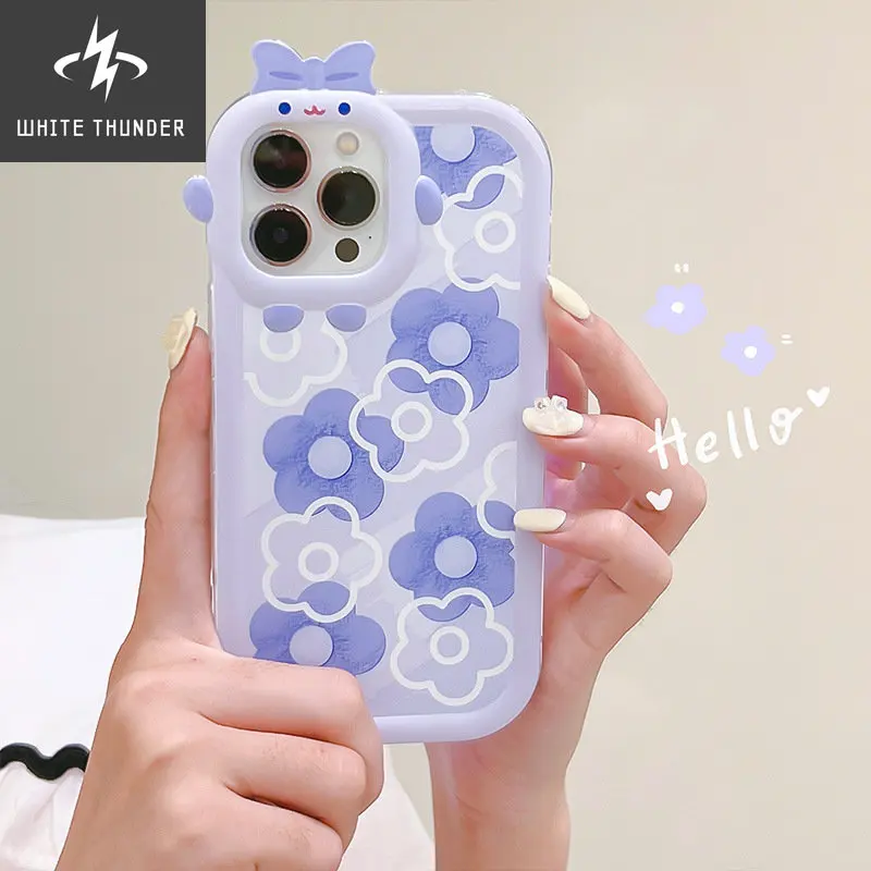 Creative Sweet Bow Bear Frame Purple White Flower Anti-fall Shell For Iphone 11 12 13 14 Pro Max X Xs Max Xr 7 8 Plus Phone Case