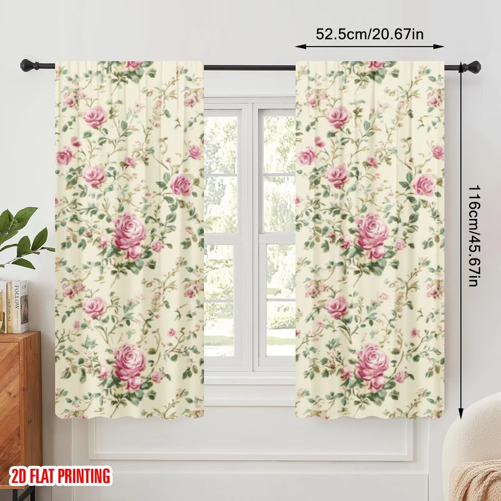 2pcs,2D plane printing Minimalist Curtains Vintage Rose Pattern(1) Versatile Polyester (without rod) Gifts Use for Bedroom,