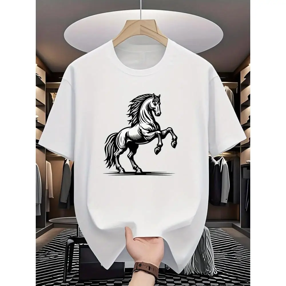 

Animal Horse Print T-shirt Men Short Sleeve Round Neck Breathable Cotton Casual Fashion Summer Wear Everyday Outfit Gift
