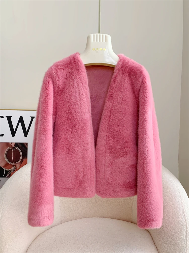 

New Simple V-neck Mink Fur Short Coat Women Loose Warm Fashion Long Sleeve Thick Soft Fur Coat Tide Outerwear Fit Autumn Winter