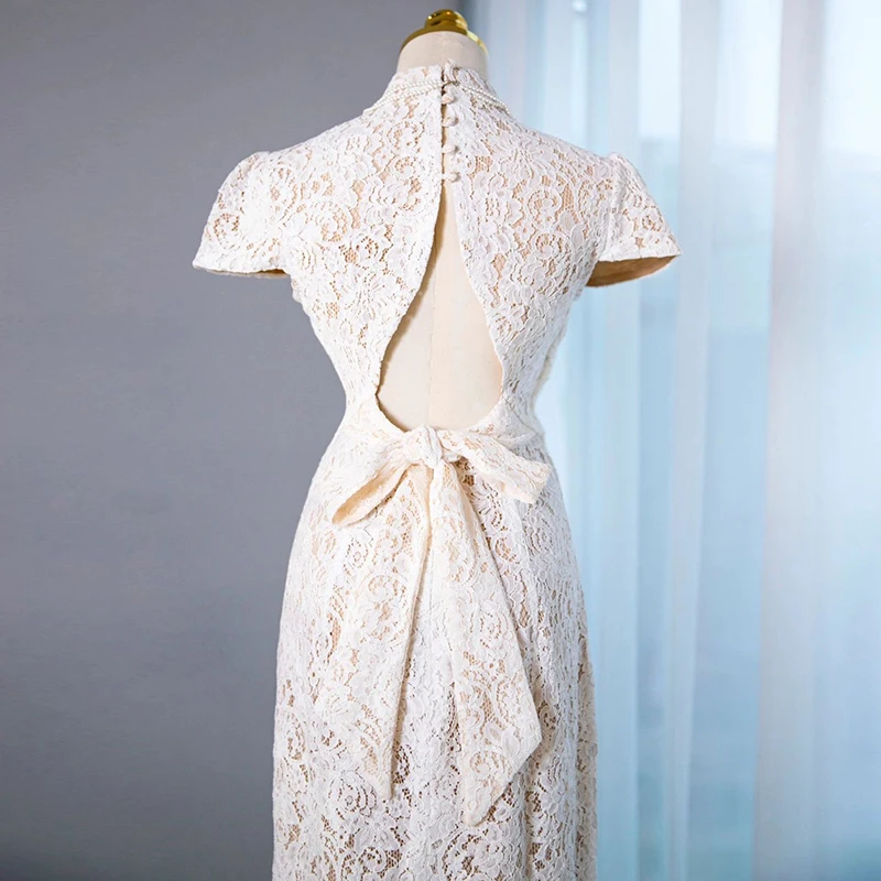 

Elegant Lace Wedding Dress Semi-Empty Tail Light Veil Engagement Evening Gown Luxury Short Sleeve Mid-Length Gown for Wedding