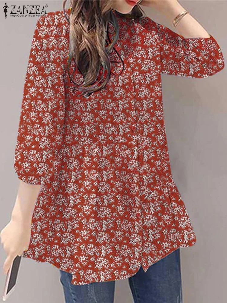ZANZEA Damen-Blusen, Herbst, Vintage-Hemd, Blumenmuster, Bohemian-Stil, elegant, Stehkragen, 3/4-Ärmel, lässige Tunika, Tops, Blusas