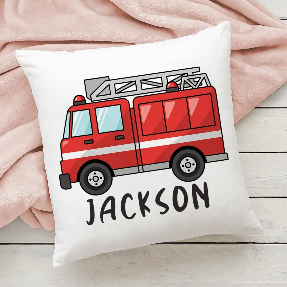 Personalized Pillow Cover Fire Truck with Name Pillow Dust Case Kids Bedroom Decor Pillowcase Best Birthday Gifts for Children