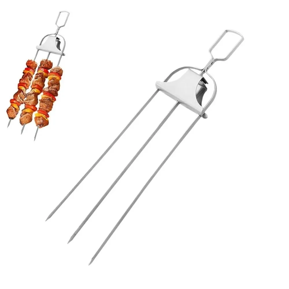 Gifts Polished Finish BBQ Skewers Push Rod Slider Grilling Accessories Barbecue Fork Prong Design Grilling Skewers