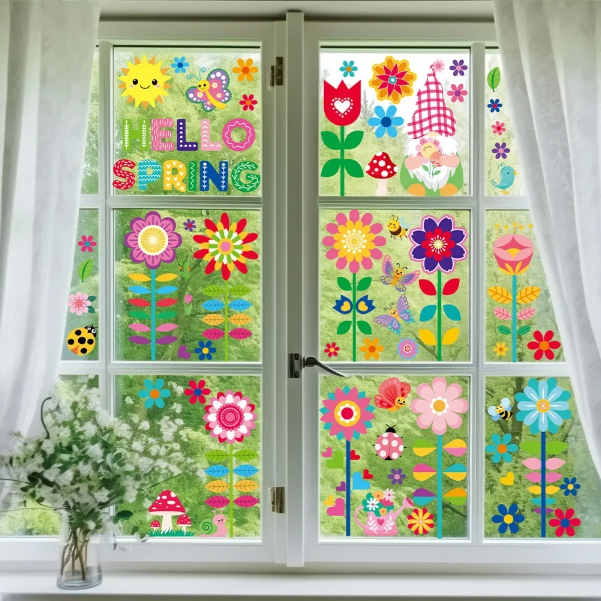 9Sheets Hello Spring Glass Door Mirror Stickers Flower Butterfly Electrostatic Window Sticker Double Sided Happy Easter Decor