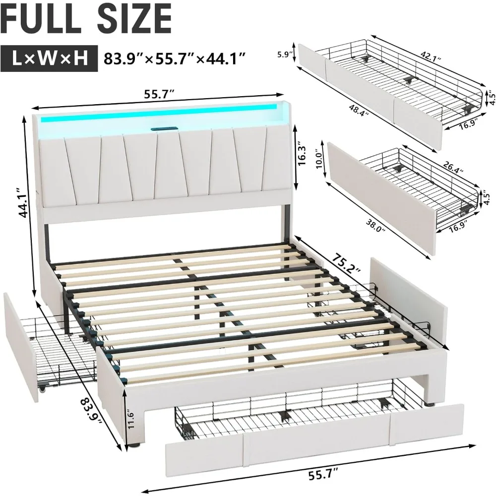 Full Size Bed Frame with Storage Headboard and 3 Drawers,Upholstered Platform Bed with Charging Station image 2