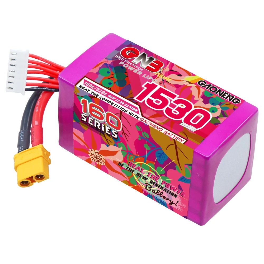 GAONENG GNB 6S 22,2V 1530mAh 160C lithiumbatterij met XT60-connector, geschikt voor FPV-drones en quadcopters.