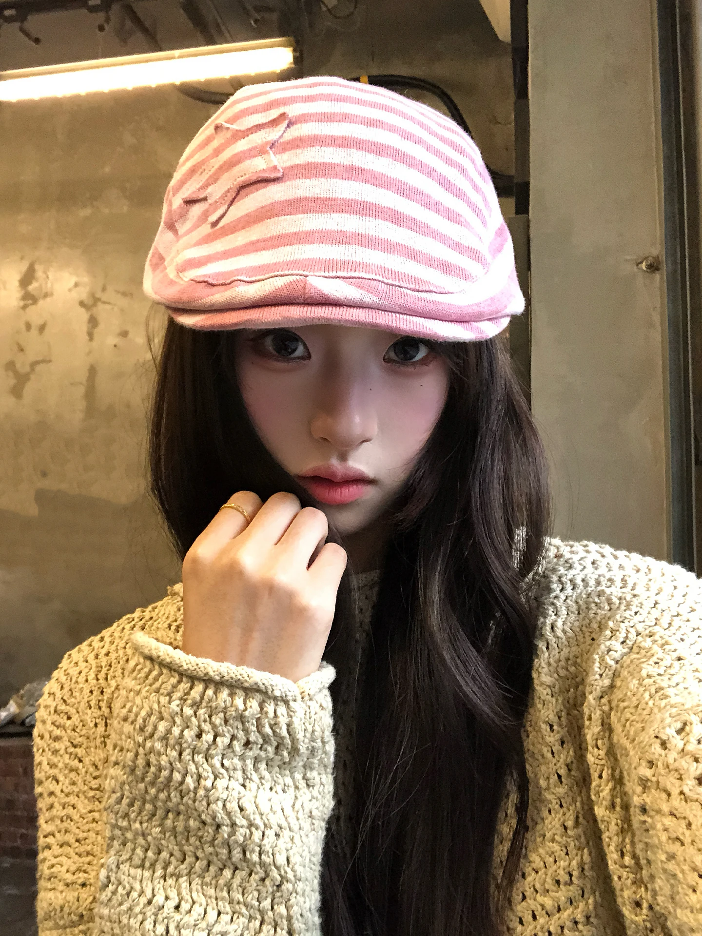 Retro Korean Stripe Star Beret Hat Women's Fashionable Face Slimming Spring Autumn Winter Unisex Adjustable round Top Cap