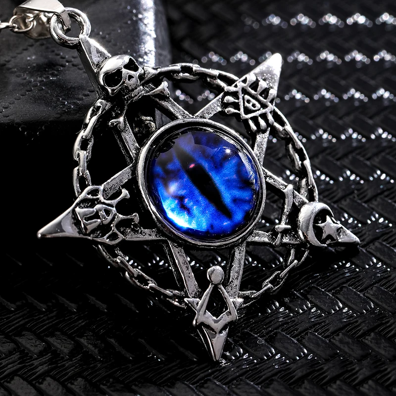 Pentagram shape Devil's Eye Pendant Necklace For Men And Women Punk Retro Non Adjustable Metal Collar Trending Jewelry Gifts